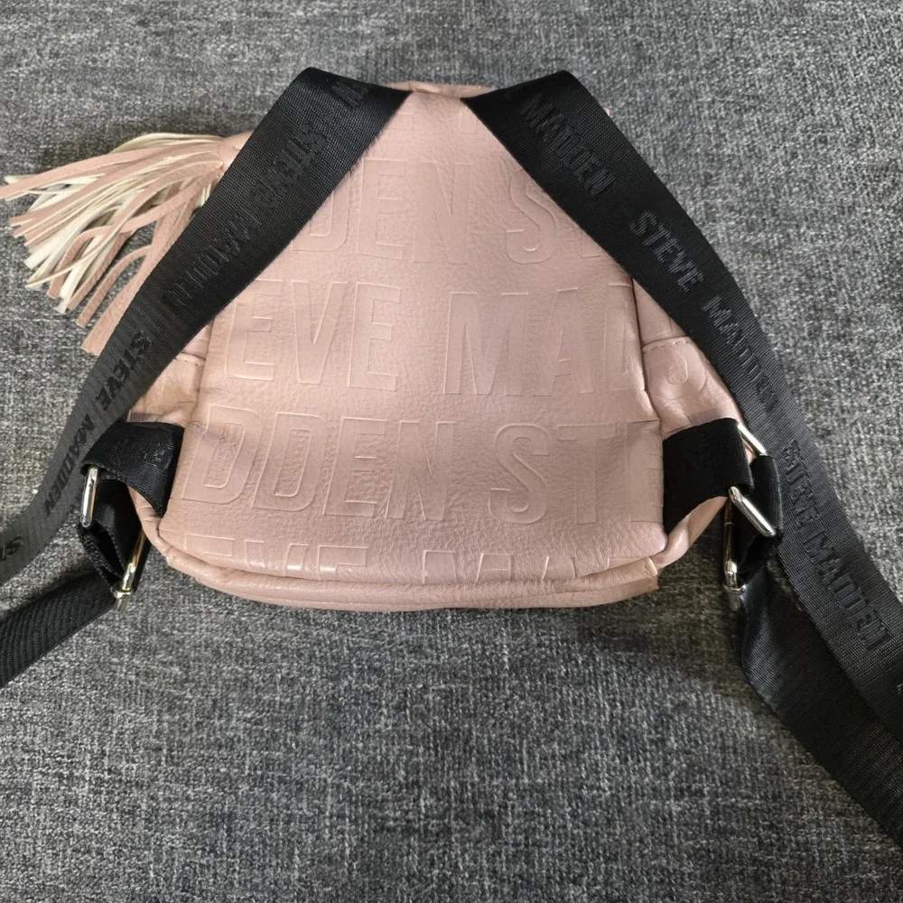 Steve Madden Mini Logo Embossed Backpack Light Pink Faux Leather Black Straps